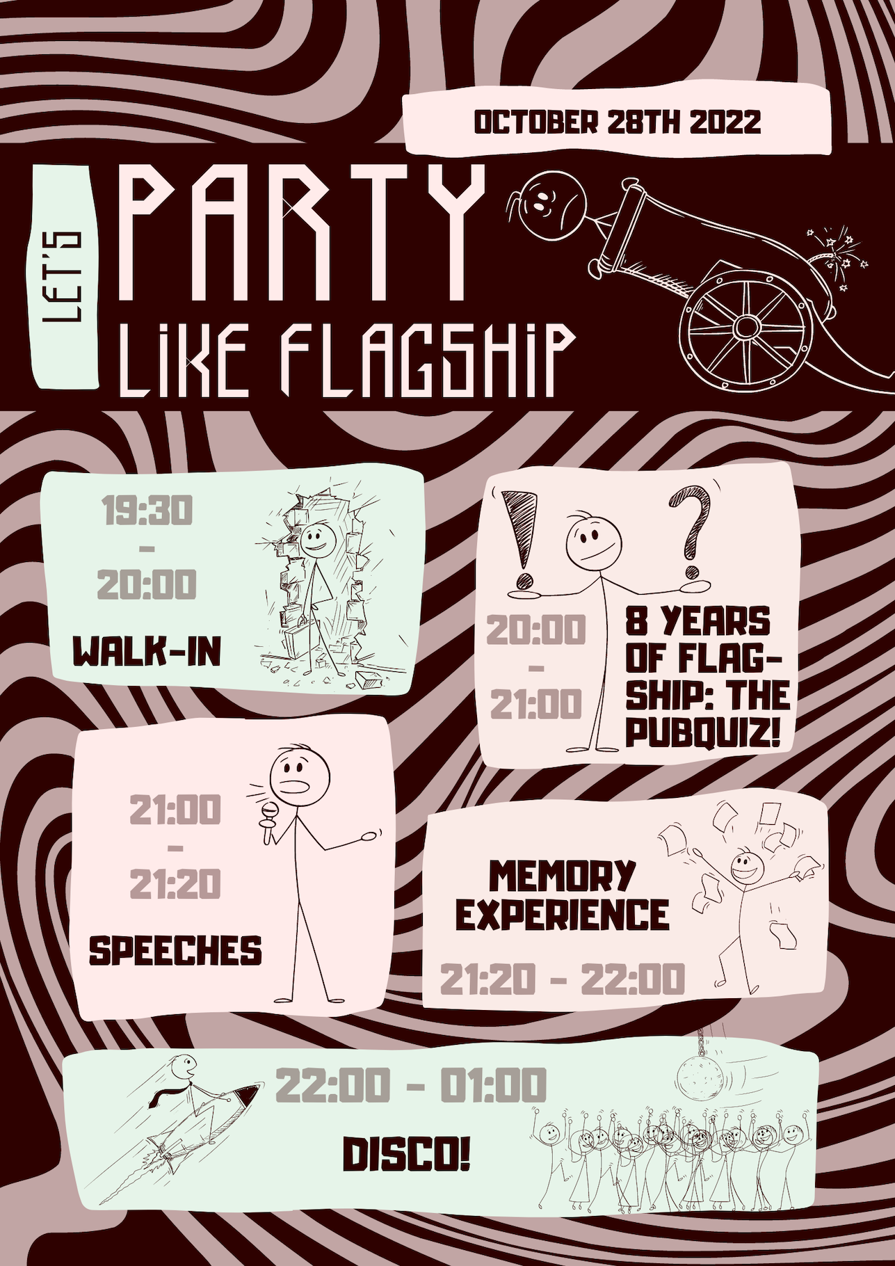 Een poster voor Flagship Closing Party met een planning voor de avond.