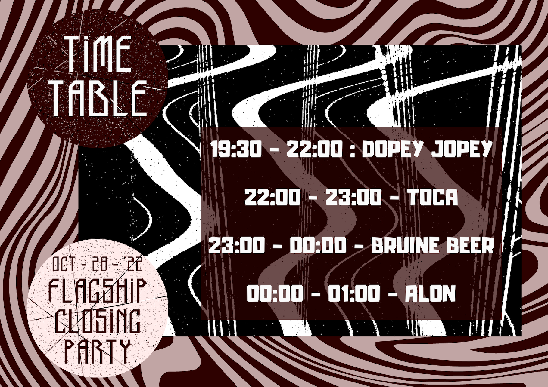 Timetable Flagship Closing Party waarop te zien is welke DJ's er draaien.
