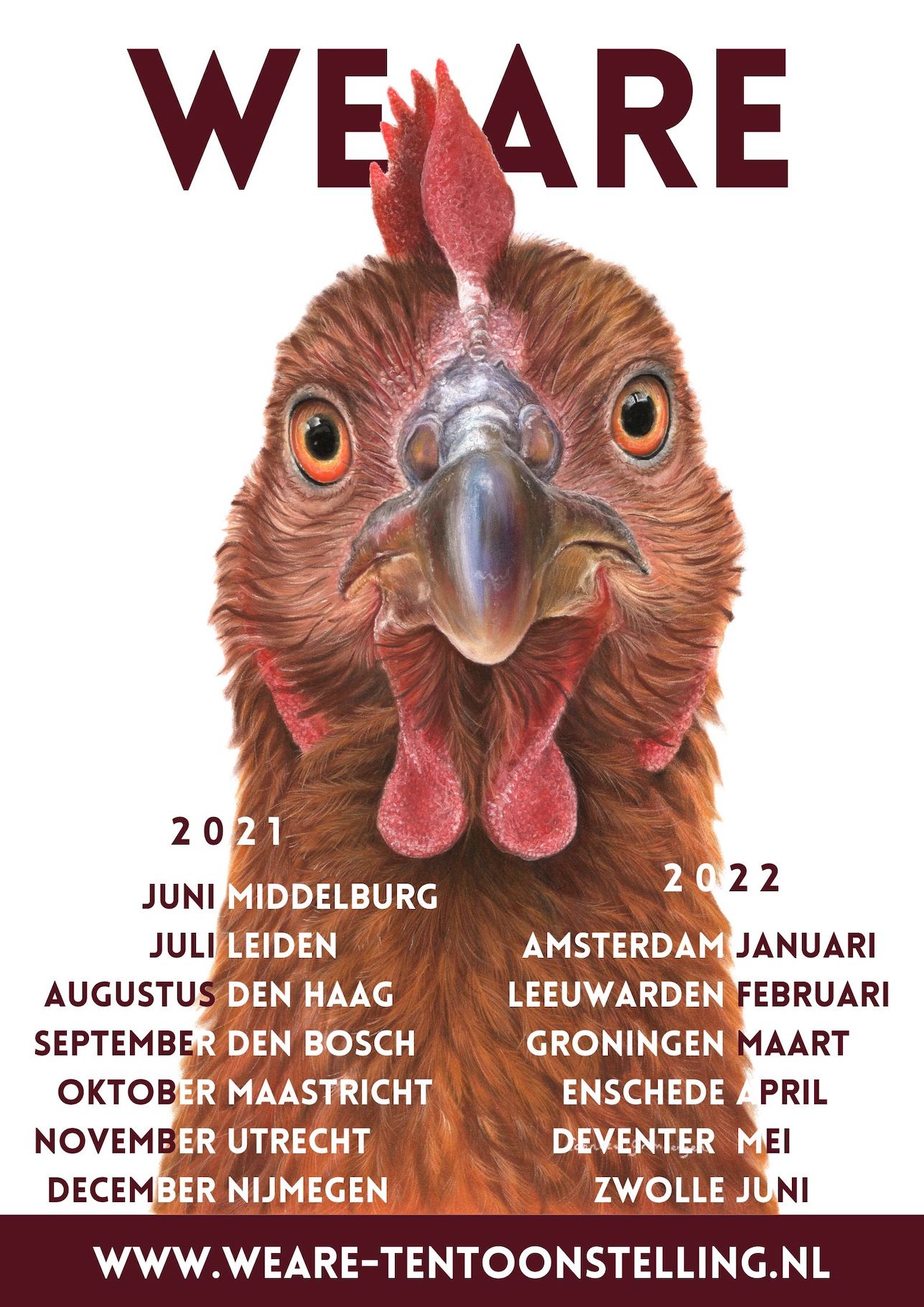 WE ARE poster met een overzicht van alle locaties en een hyperrealistische tekening van een kip. Kip is getekend door Lonneke Grimbergen.